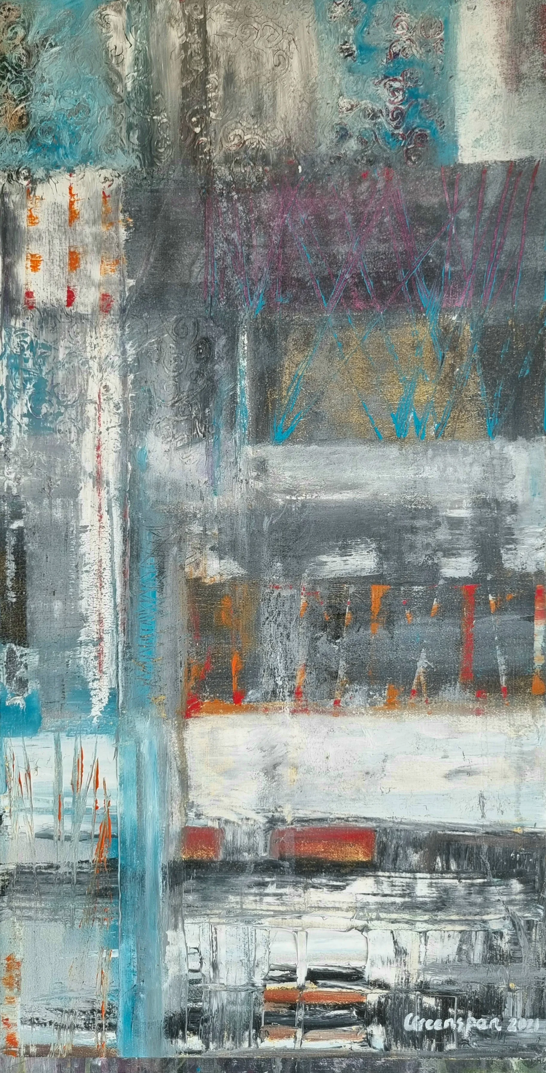 A tall, textured panel of silver-grey and teal strata with magenta zigzag scribbles near the top, orange dashes through the middle and worn, layered horizontal bands.