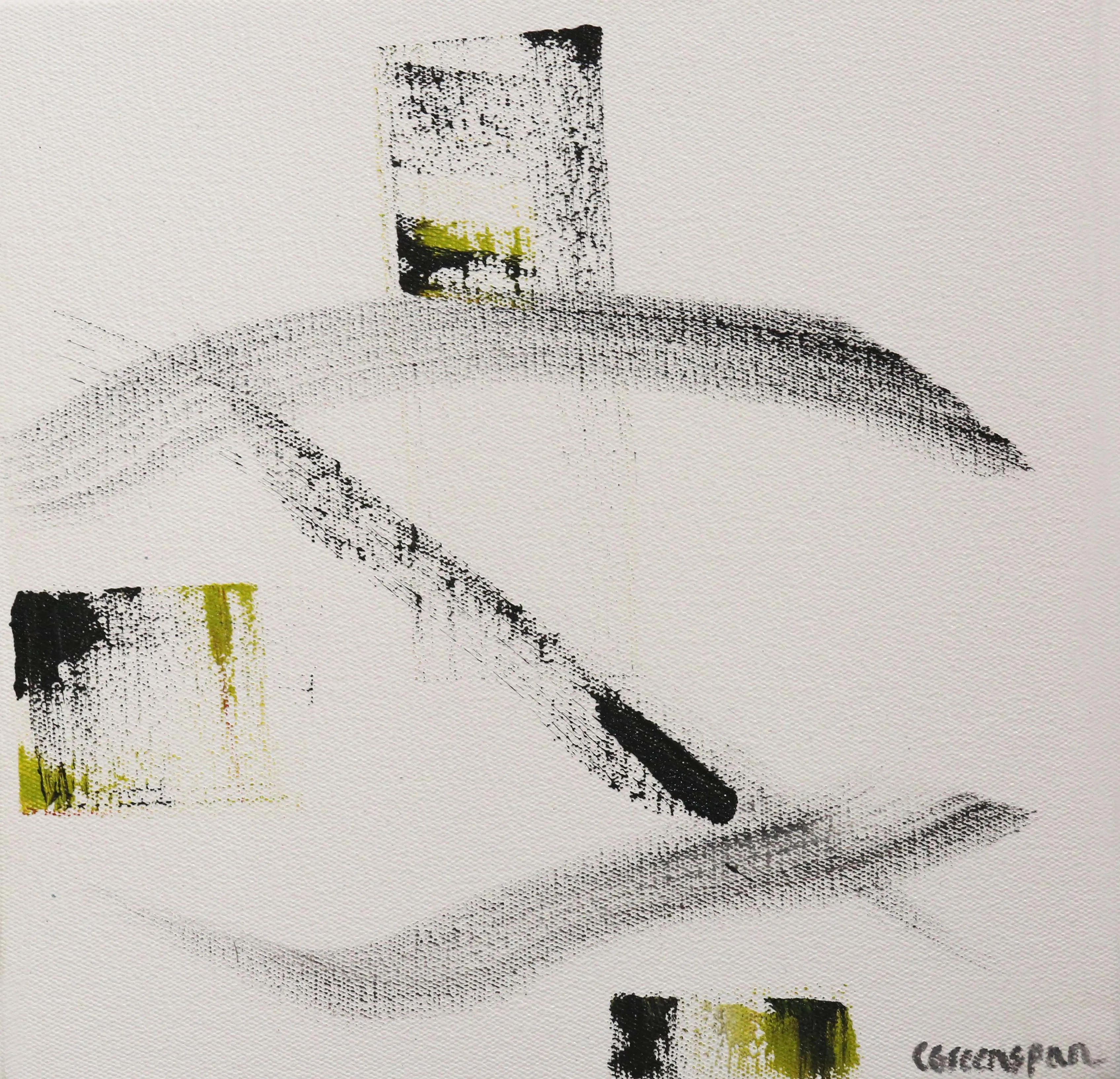 Spare black brushstrokes drift across a white ground, punctuated by small blocks of lime green and charcoal - stillness with a little life in it.