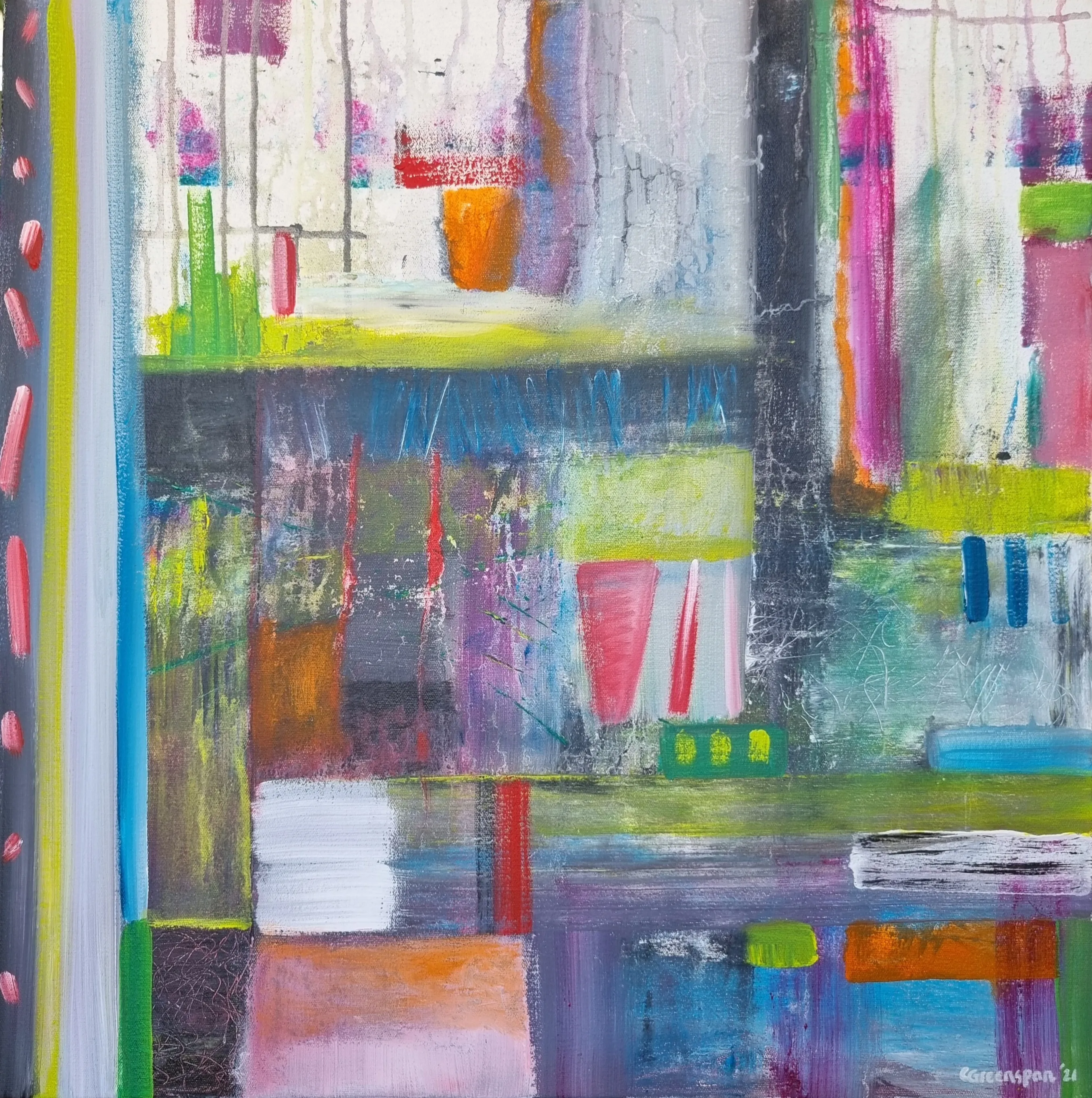 A bright patchwork of pinks, lime green, blue and grey scattered with red and orange dashes, edged on the left by a dotted bar of yellow and pink, the white surface crackling through.