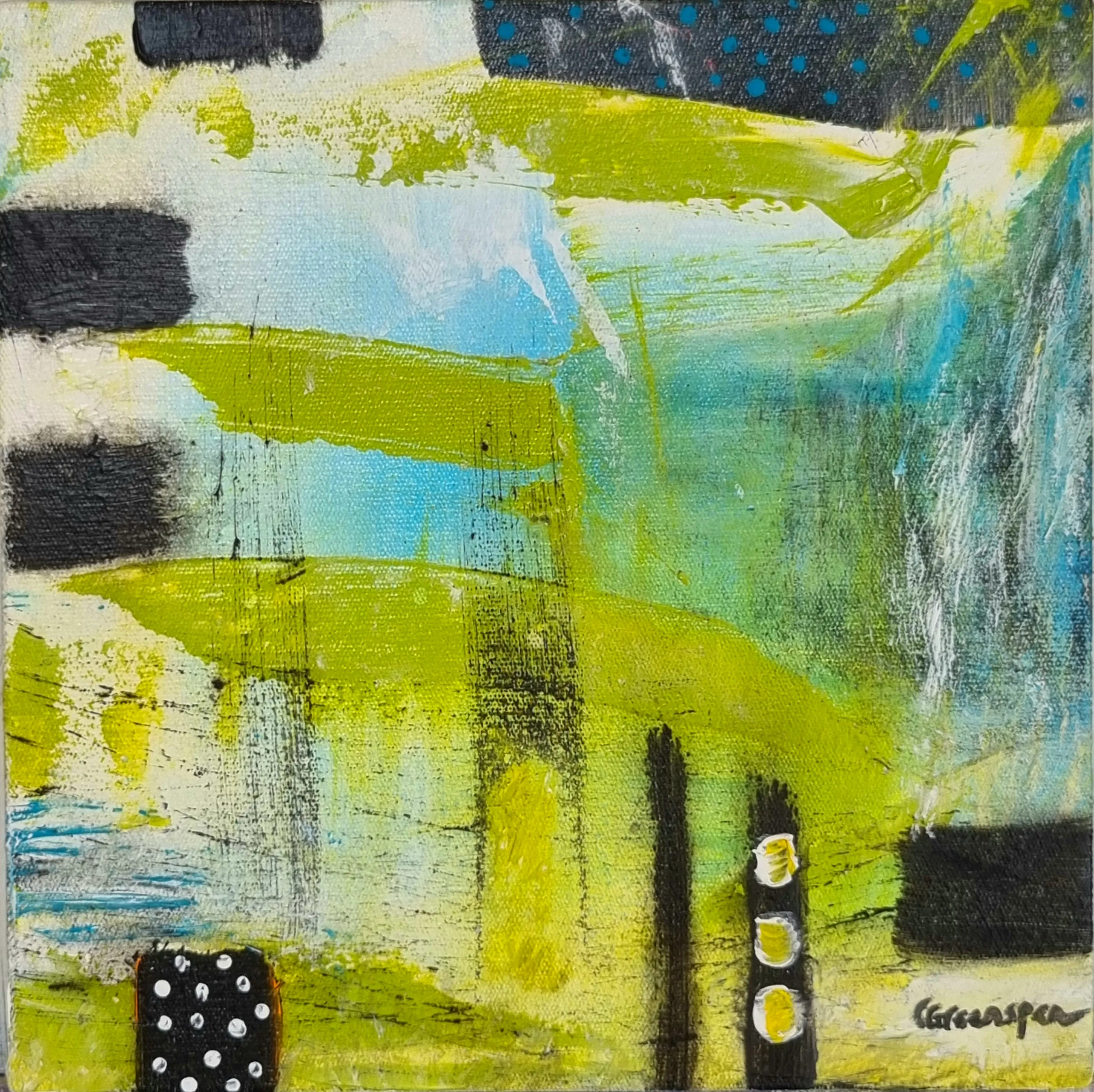 Horizontal bands of lime green and pale blue crossed by black blocks down the left edge like a film strip, with black vertical bars and a polka-dotted black square at the lower left.
