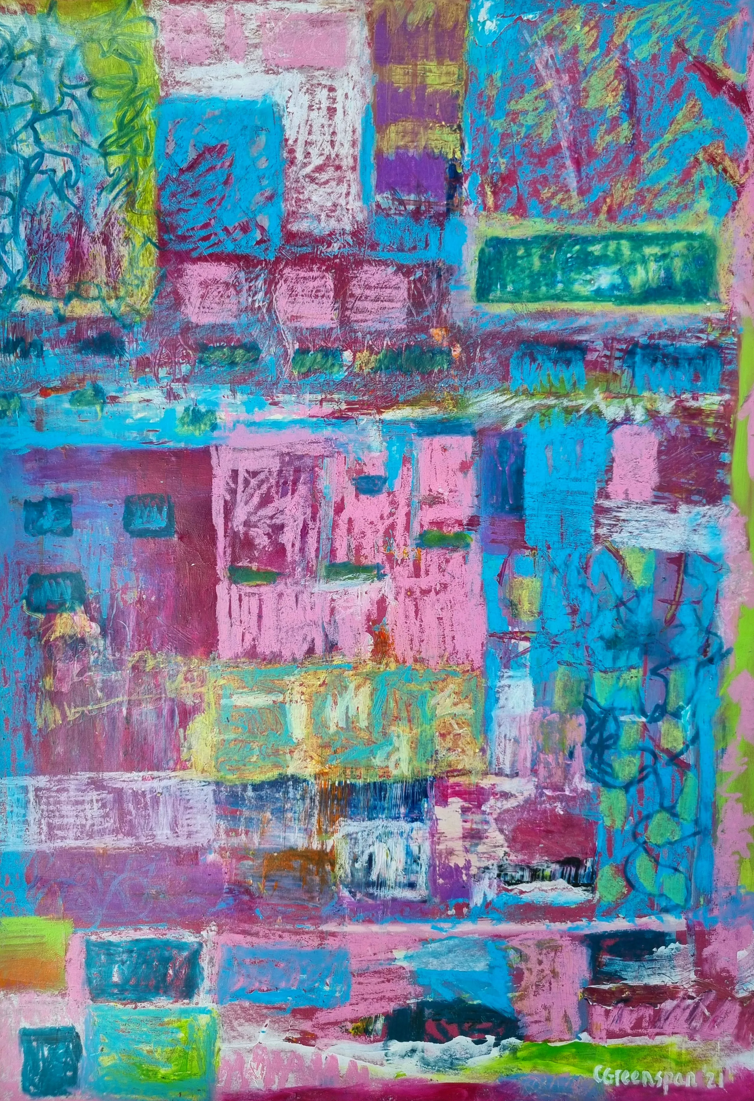 A busy, joyful patchwork led by pink and turquoise, with cross-hatched scribbles, blue squares and blocks of purple, lime green and magenta knitting across the surface.