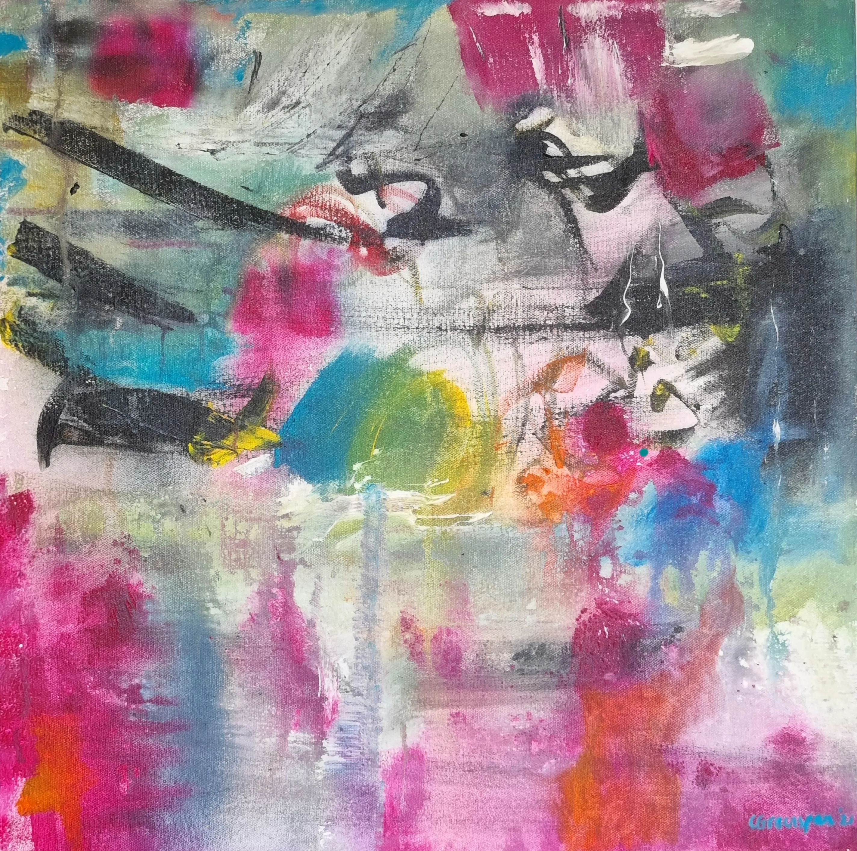 An expressive tumble of pinks, magenta and turquoise with sweeping black brushstrokes and an abstracted suggestion of a face near the top, pink and blue paint dripping down the surface.
