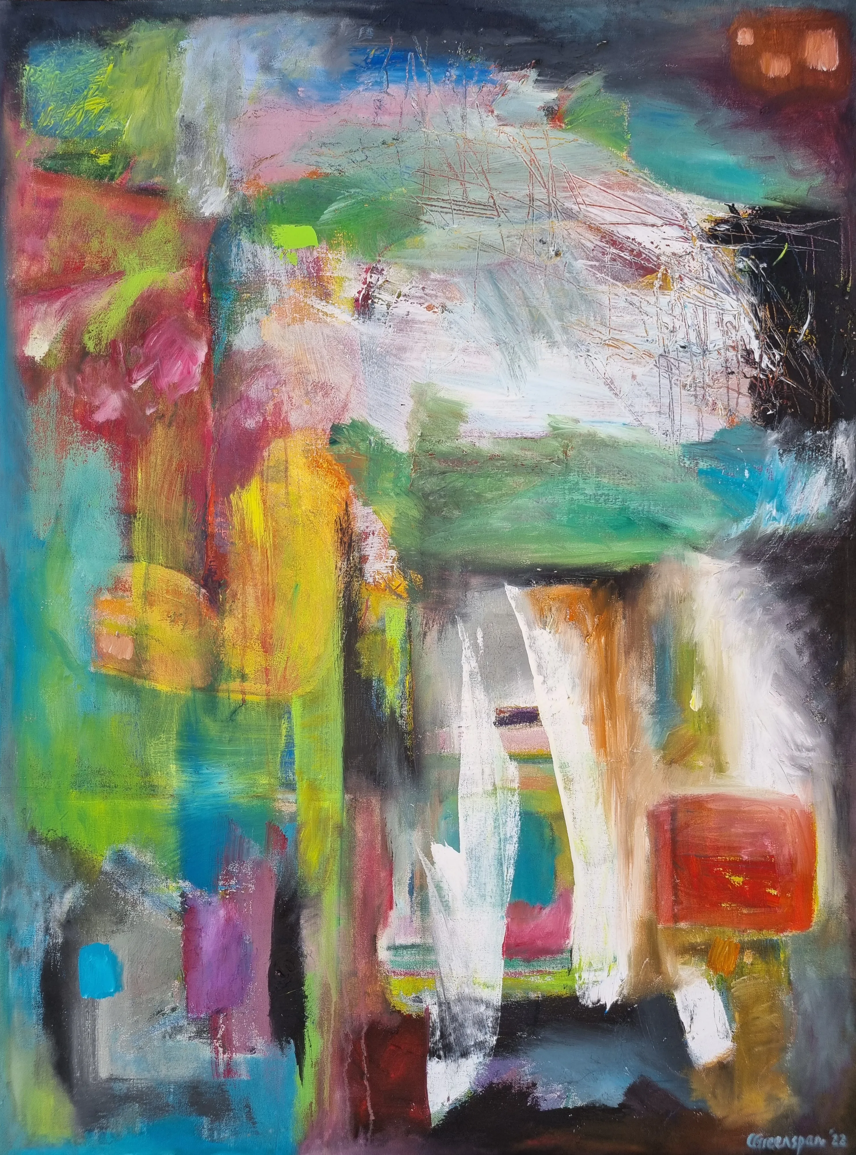 An exuberant garden of colour - a green cloud rising at the top centre, surrounded by pinks, yellows and blues, a rust-orange block at the lower right and pale scraped verticals throughout.