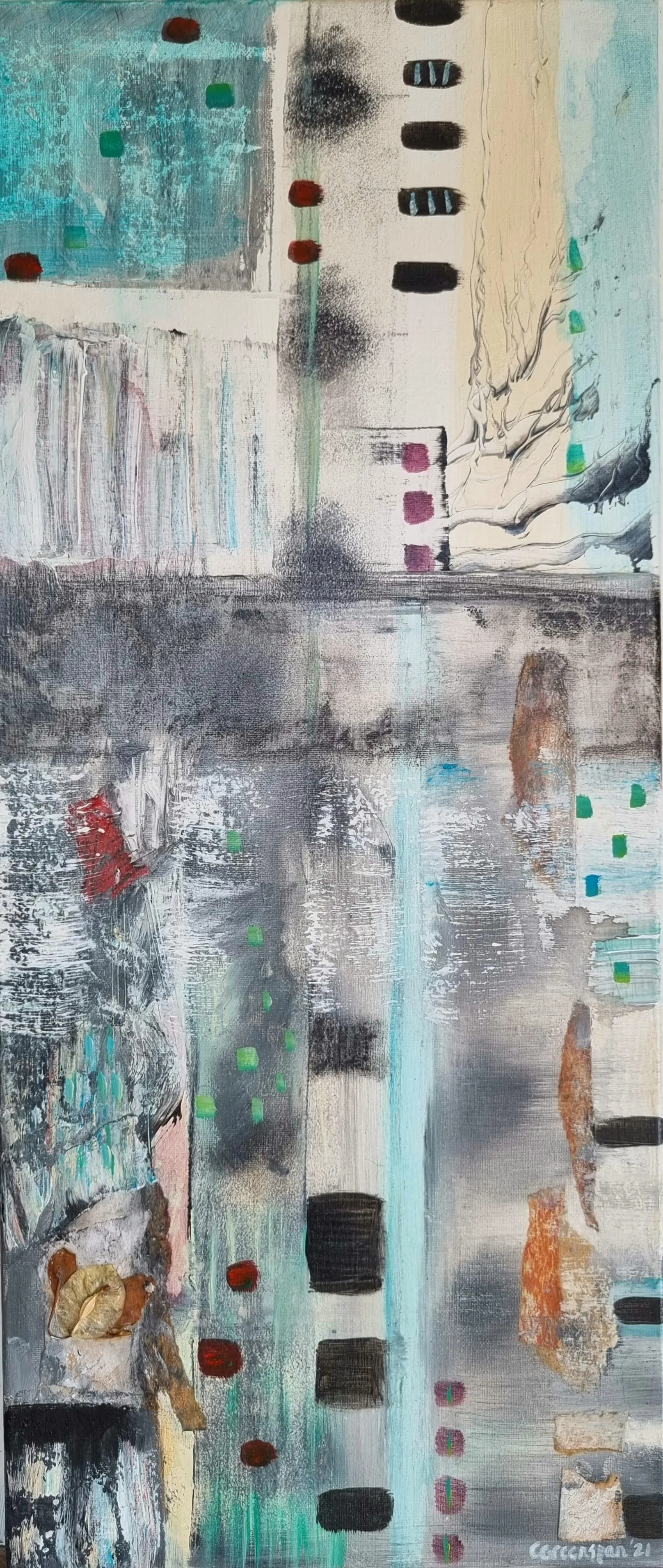 A tall panel with an upper band of cream and teal marked by black dots and dashes like piano keys, falling into a misty grey-blue lower half with the same dotted rhythm and small red and green accents.