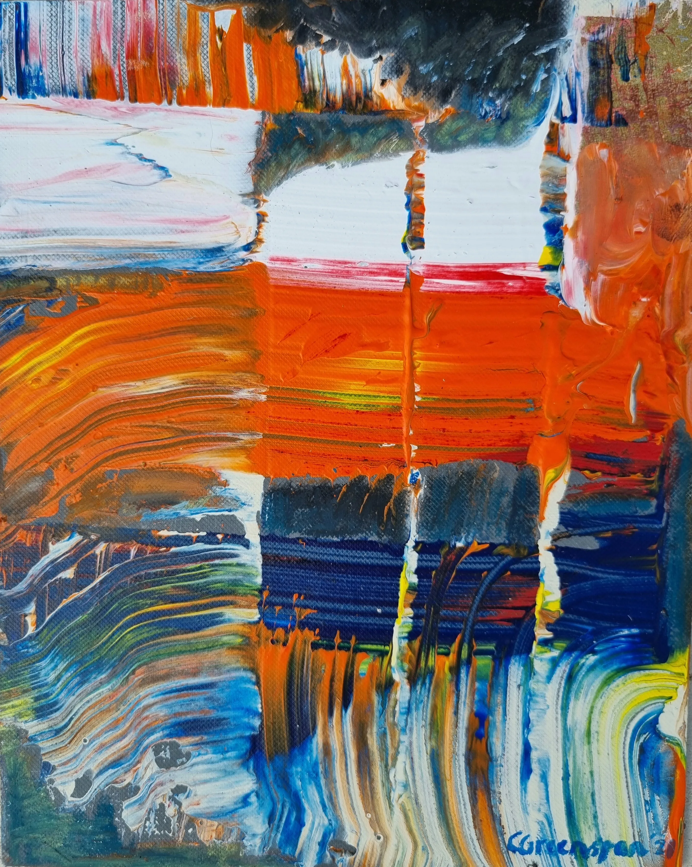Bold horizontal bands of orange laid over blue, combed and scraped into fine striations, with a pale passage at the upper left and a single red line.