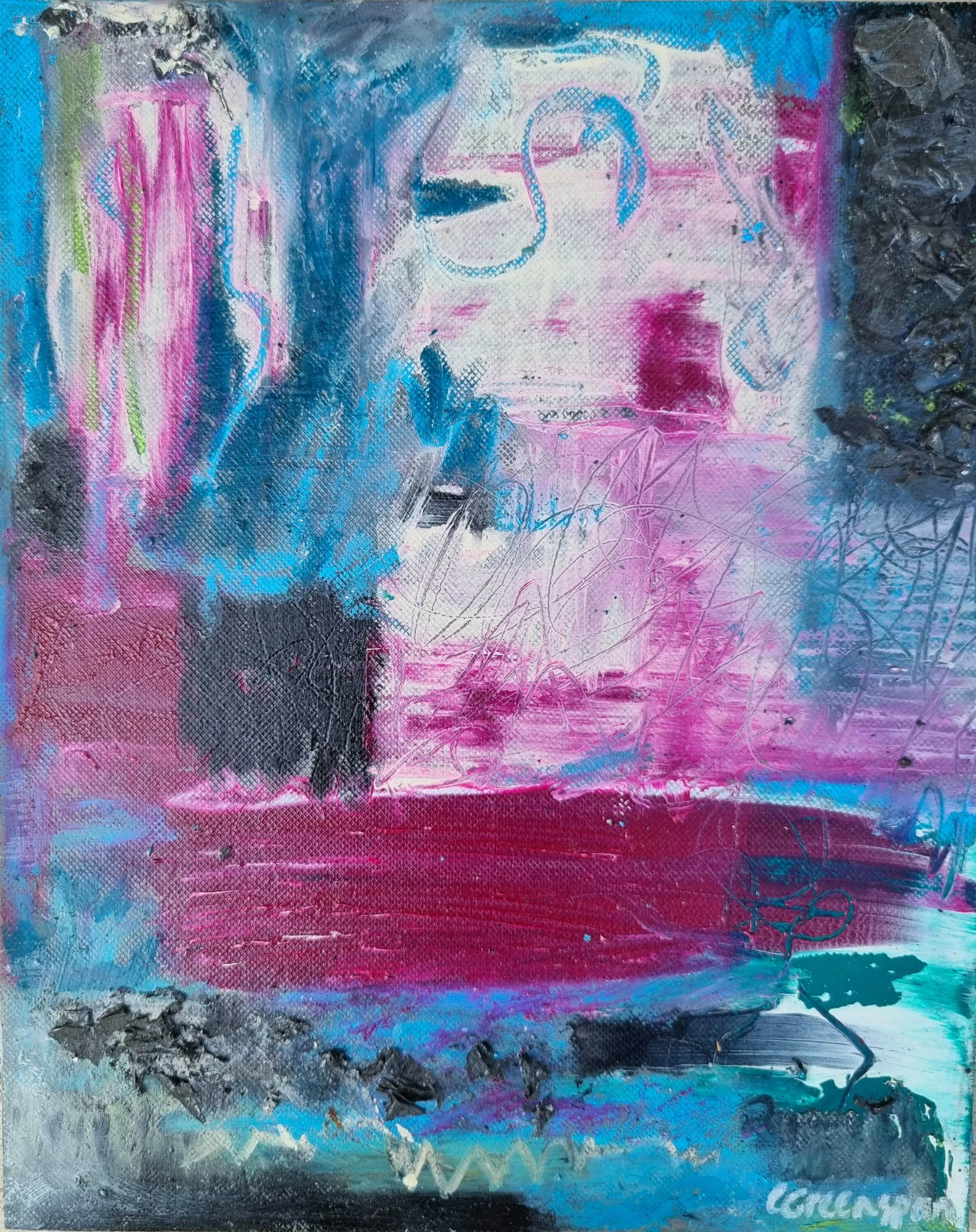 A blue, magenta and white gestural field with scribbled blue lines across the top, a deep magenta band along the bottom and a charcoal corner, turquoise glinting through.