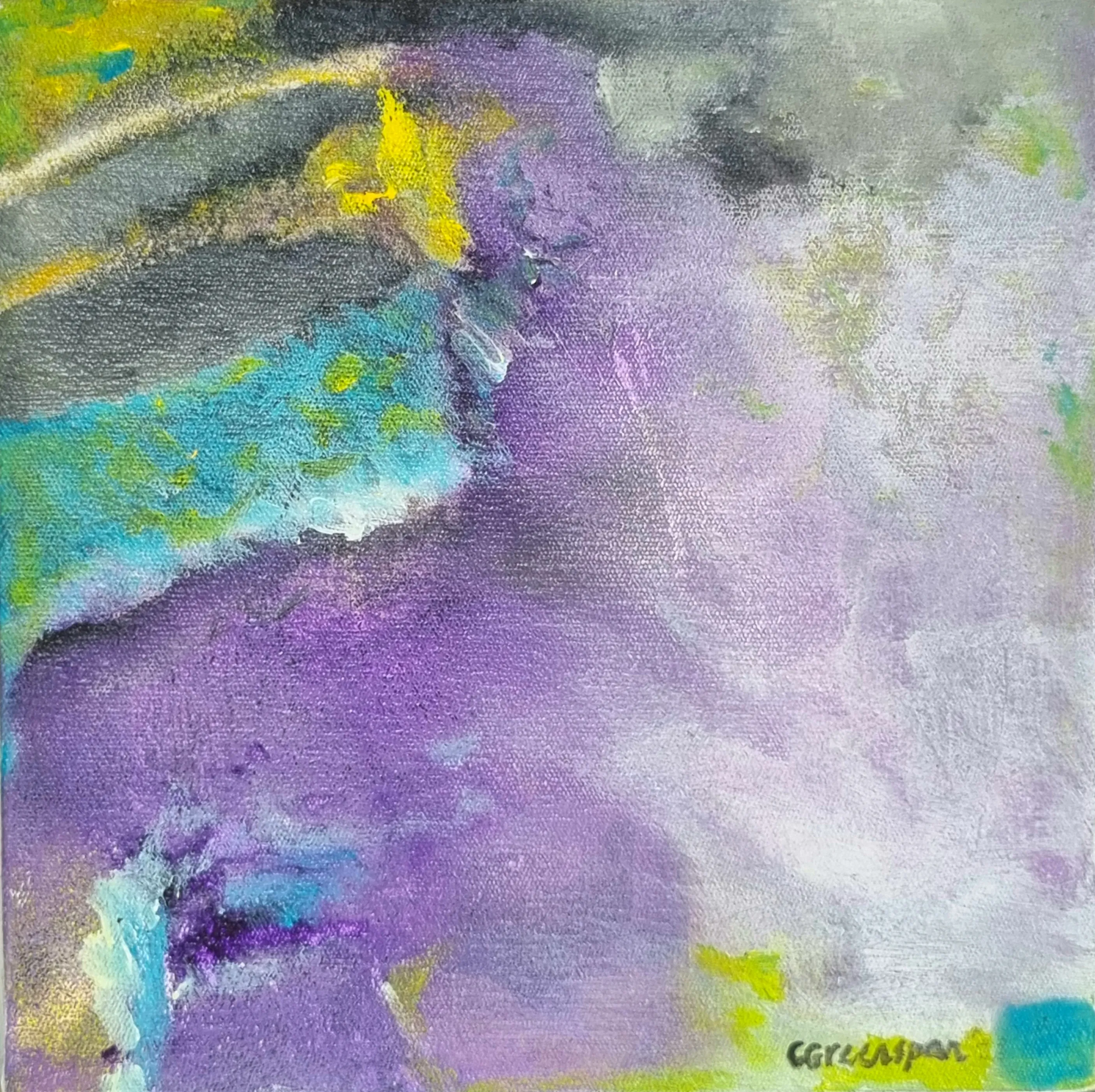 A soft lavender-purple wash filling most of the canvas, met at the upper left by a diagonal band of turquoise and yellow speckle over charcoal, with a streak of yellow along the top.