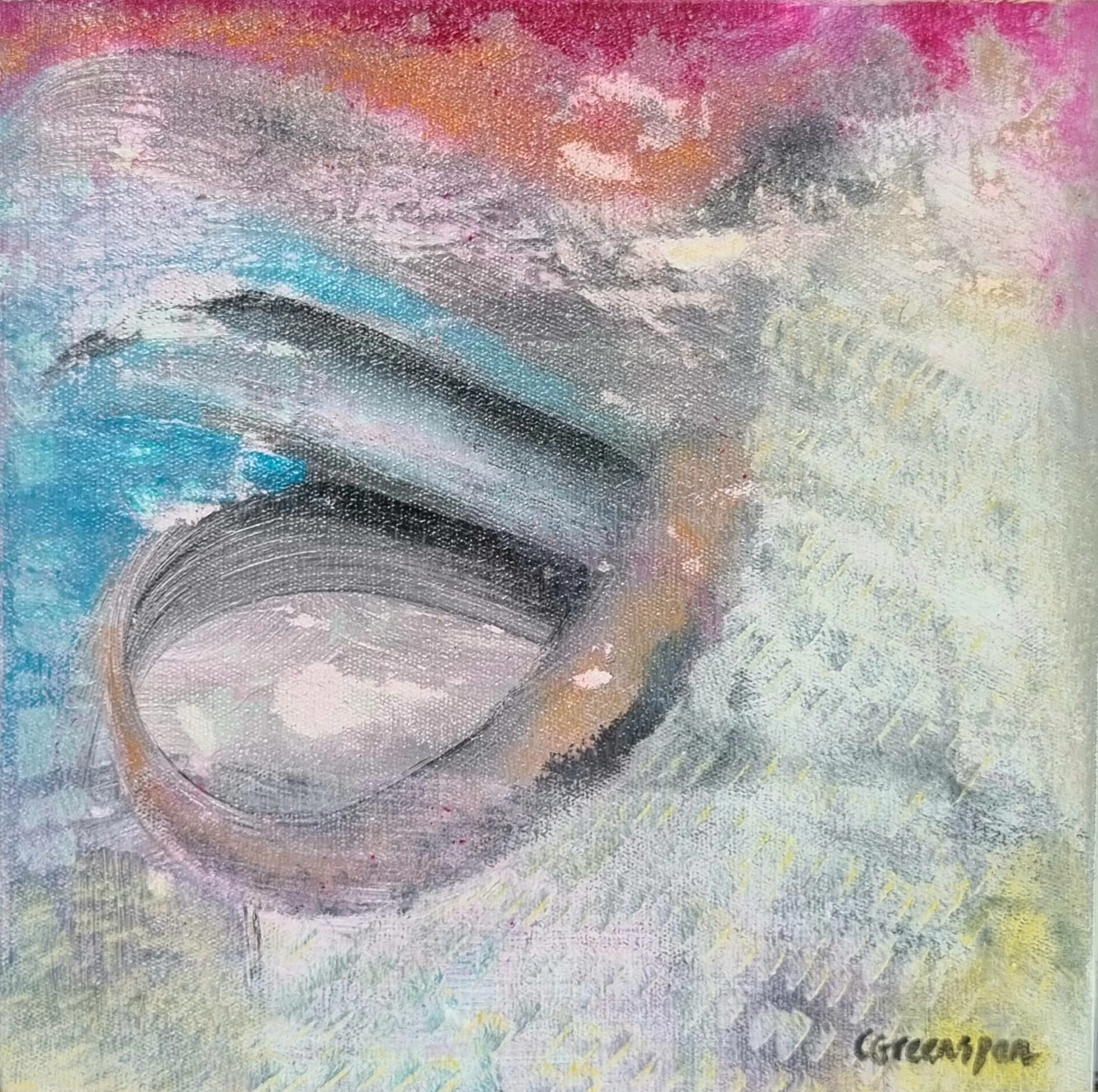 A sweeping silver-grey brushstroke loops like a spiral at the lower left over a field that shifts from coral-pink at the top to turquoise at the left and pale cream-yellow at the right.