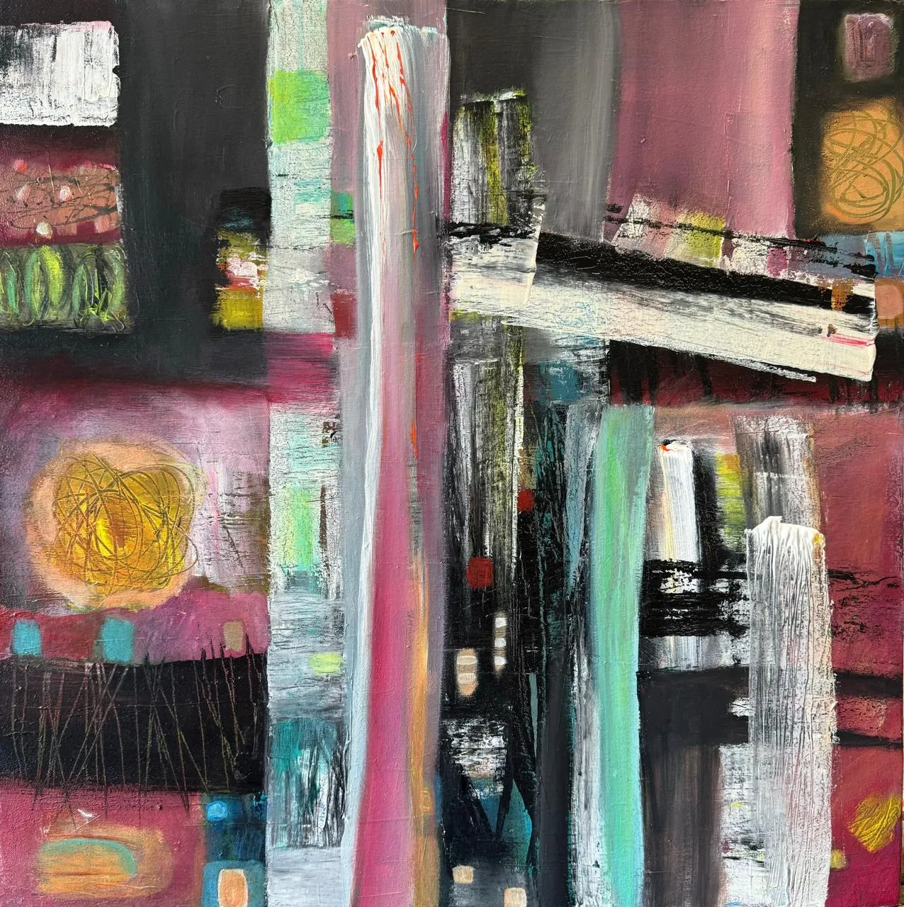 A dark charcoal ground crossed by vertical and horizontal bands of pink, white and teal, lit by a yellow scribbled orb and small jewel-like accents of lime and red.