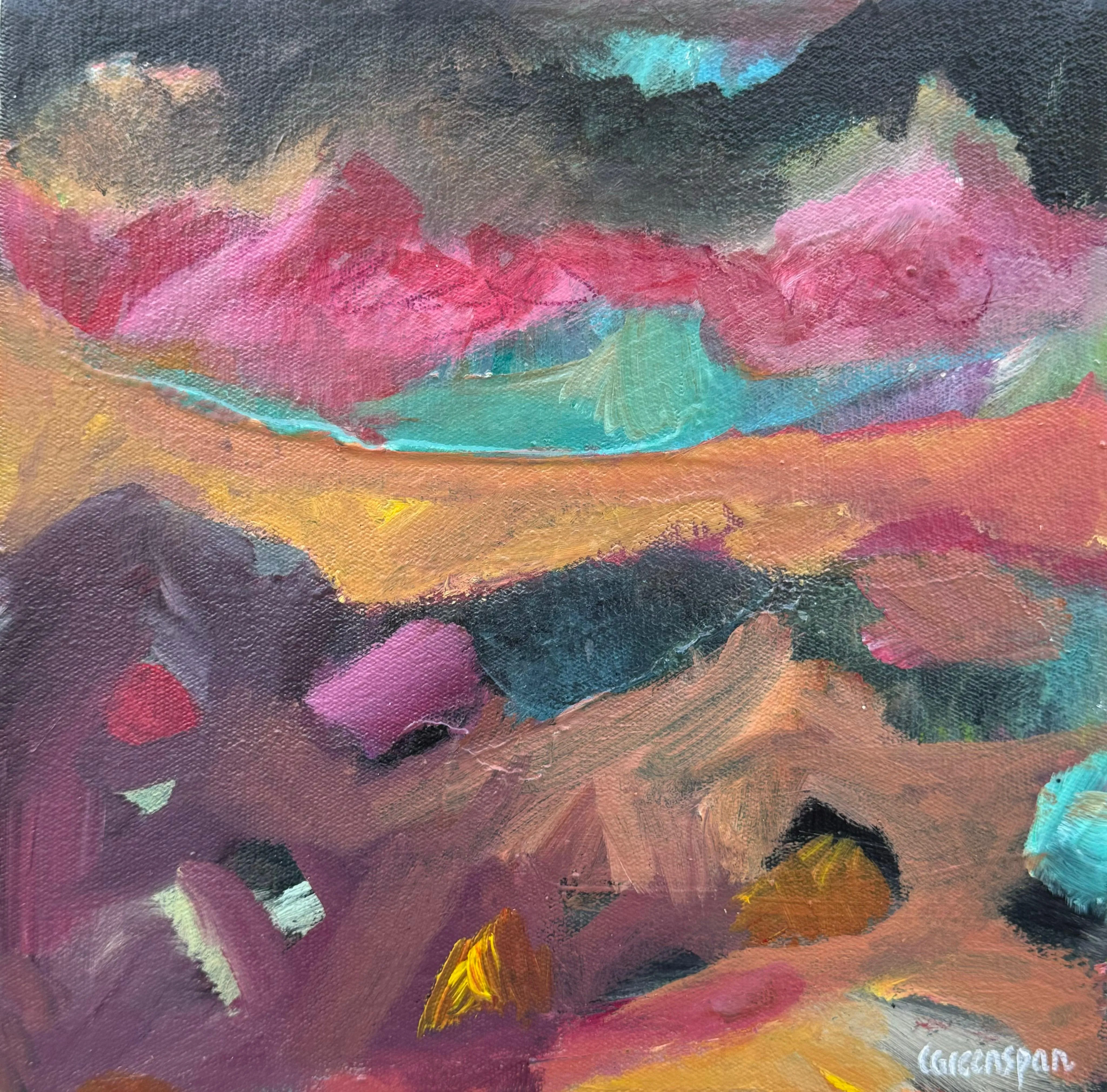 A small landscape with a dark sky over a pink mountain range, a turquoise band, and warm ochre and orange foreground hills flecked with teal.