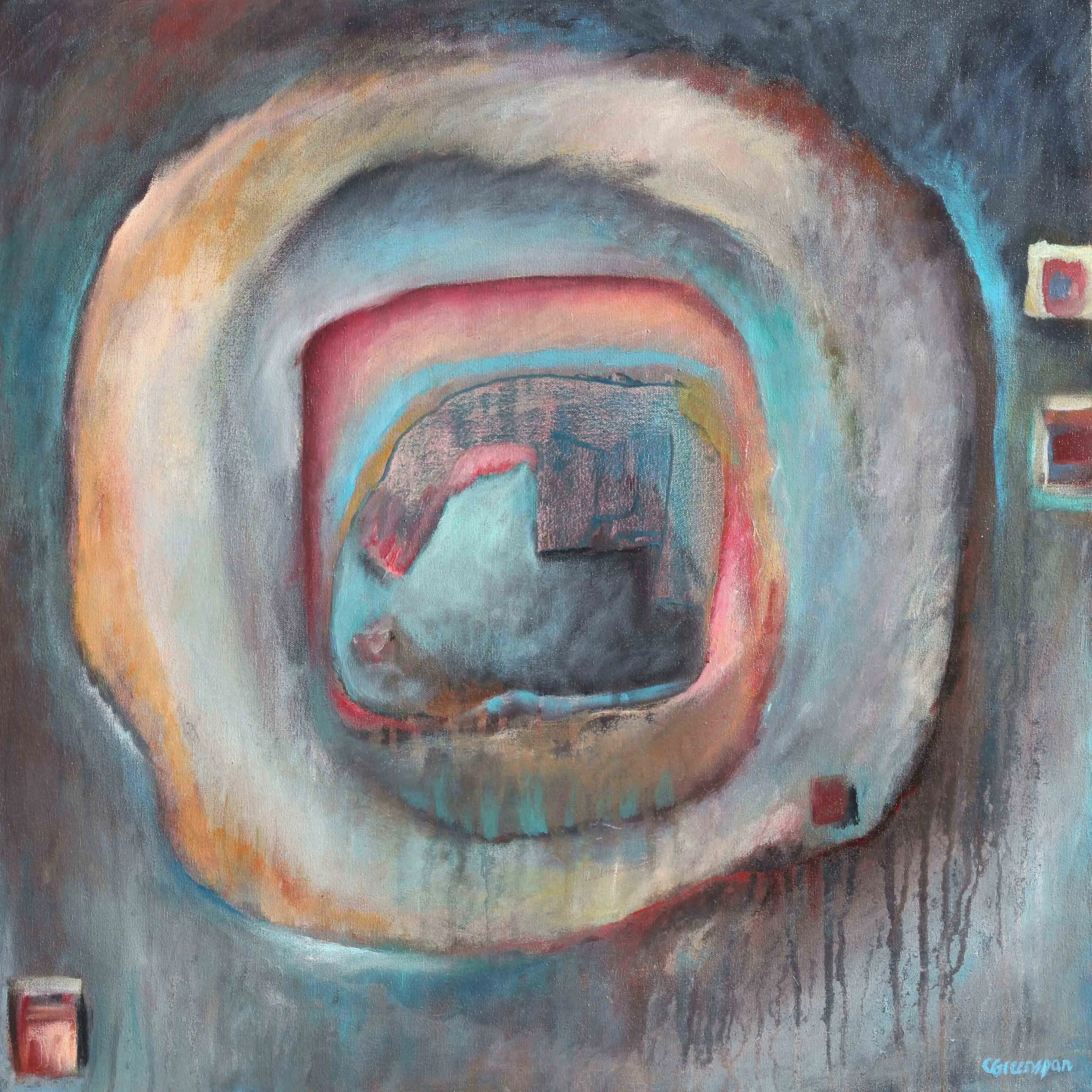 Soft concentric rings in muted teal, grey, coral and ochre nesting inward toward a pale stony core, with a few small red squares resting quietly at the edges.