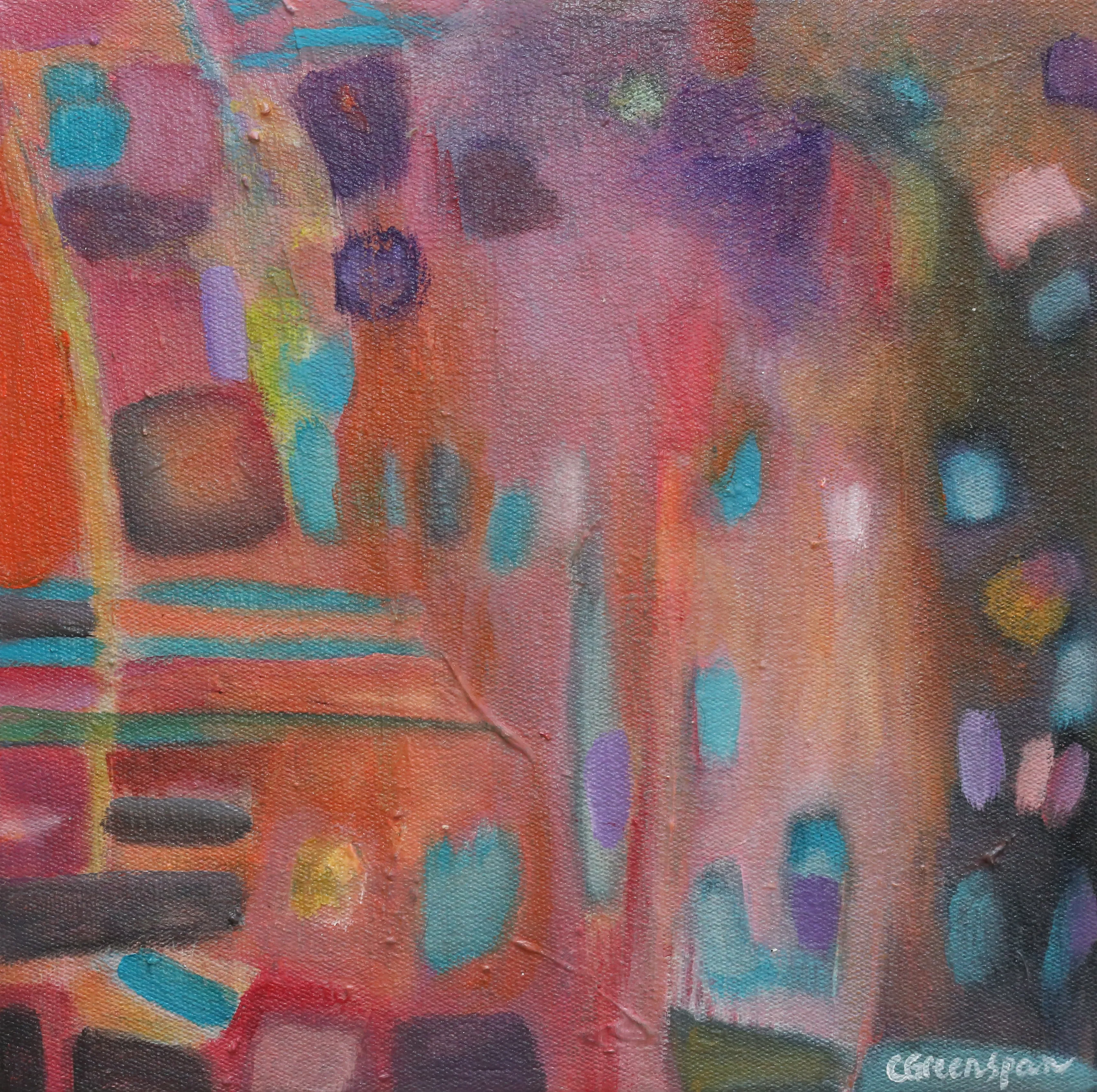 A warm coral and pink ground flecked with turquoise dabs, mauve and small dark squares - soft and glowing as a moment already slipping past.