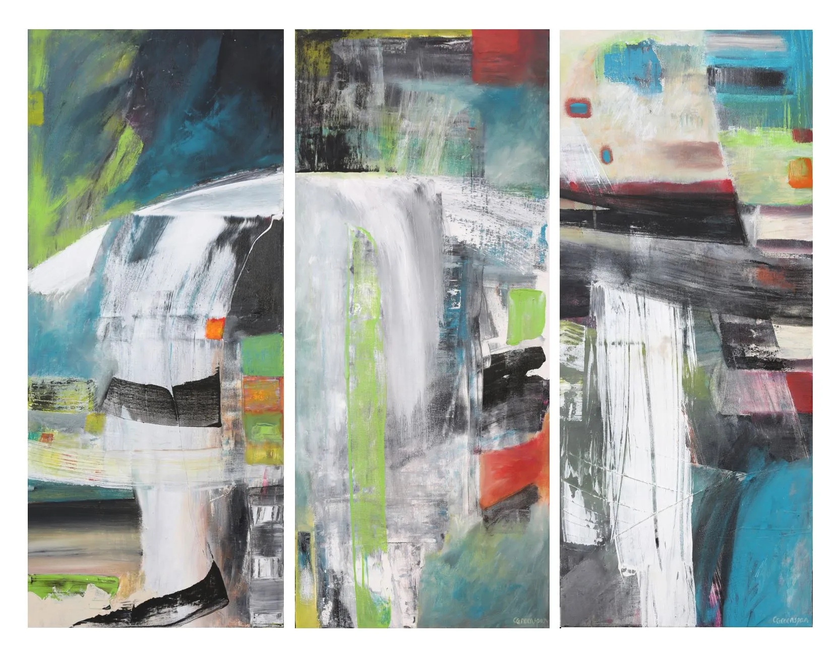 Three tall panels read together in teal, lime-green, charcoal and white, with vertical waterfall-like strokes pouring down each panel and small accents of red and orange punctuating the cool field.
