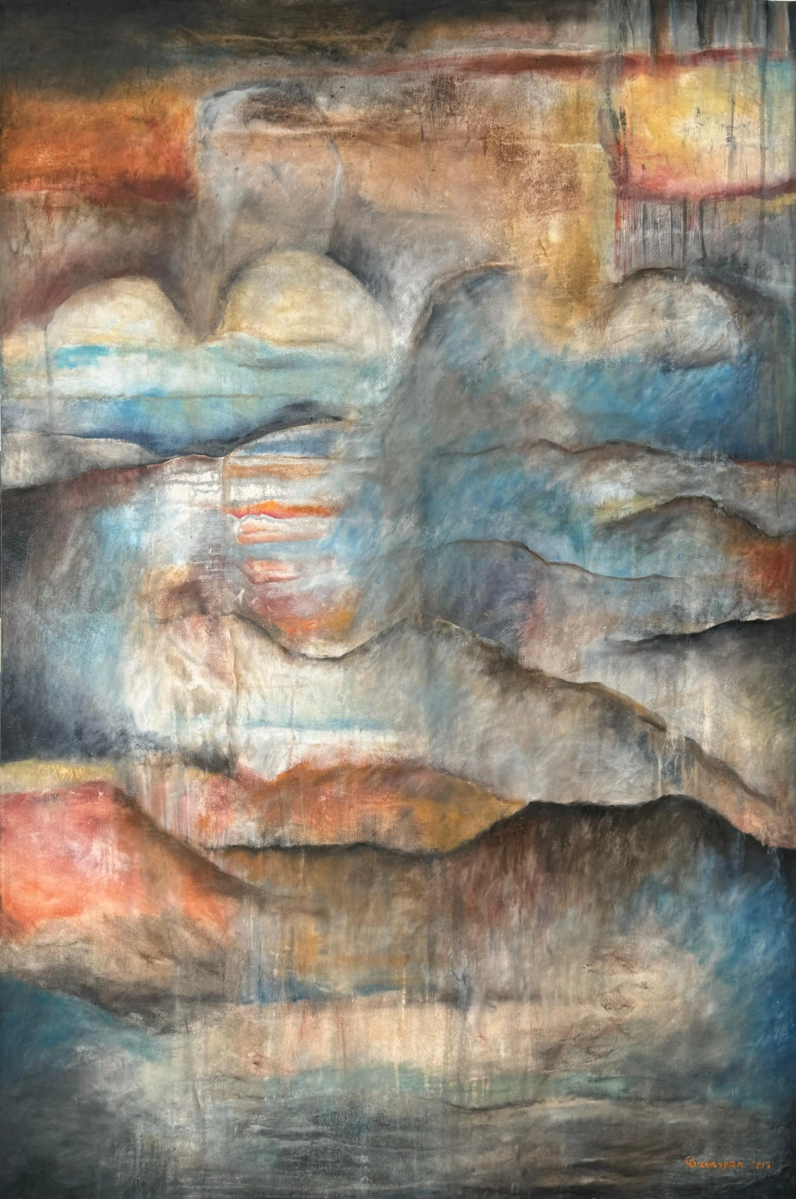 Earthy geological strata in slate-blue, ochre, rust and cream, layered like eroded rock or banked cloud, with soft drips and a warm orange seam running along the top.