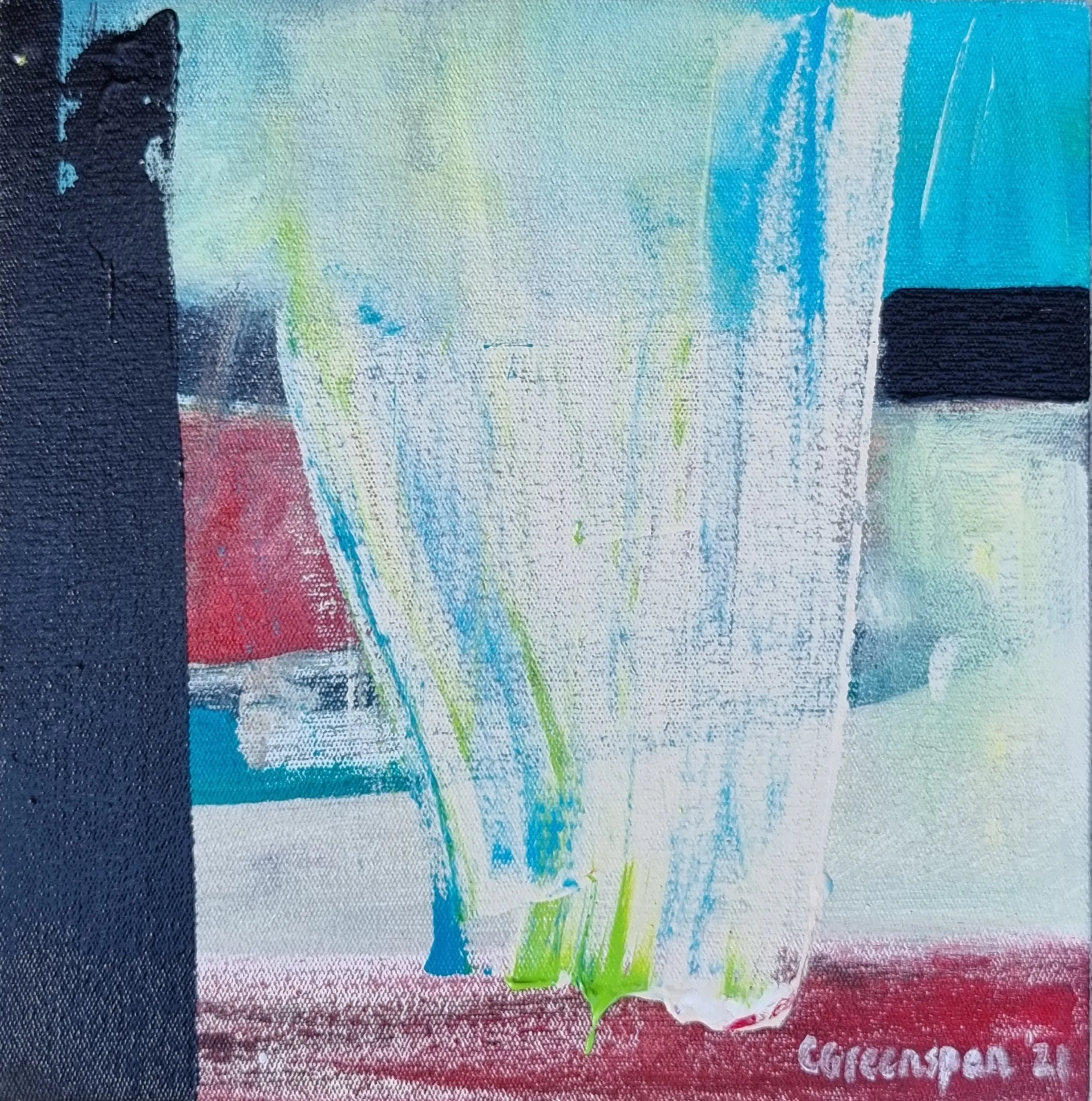 A fresh aqua-and-white field with a broad white scrape pulled across the middle, turquoise and navy blocks at the upper left, a deep red band down the right edge and green drips below.