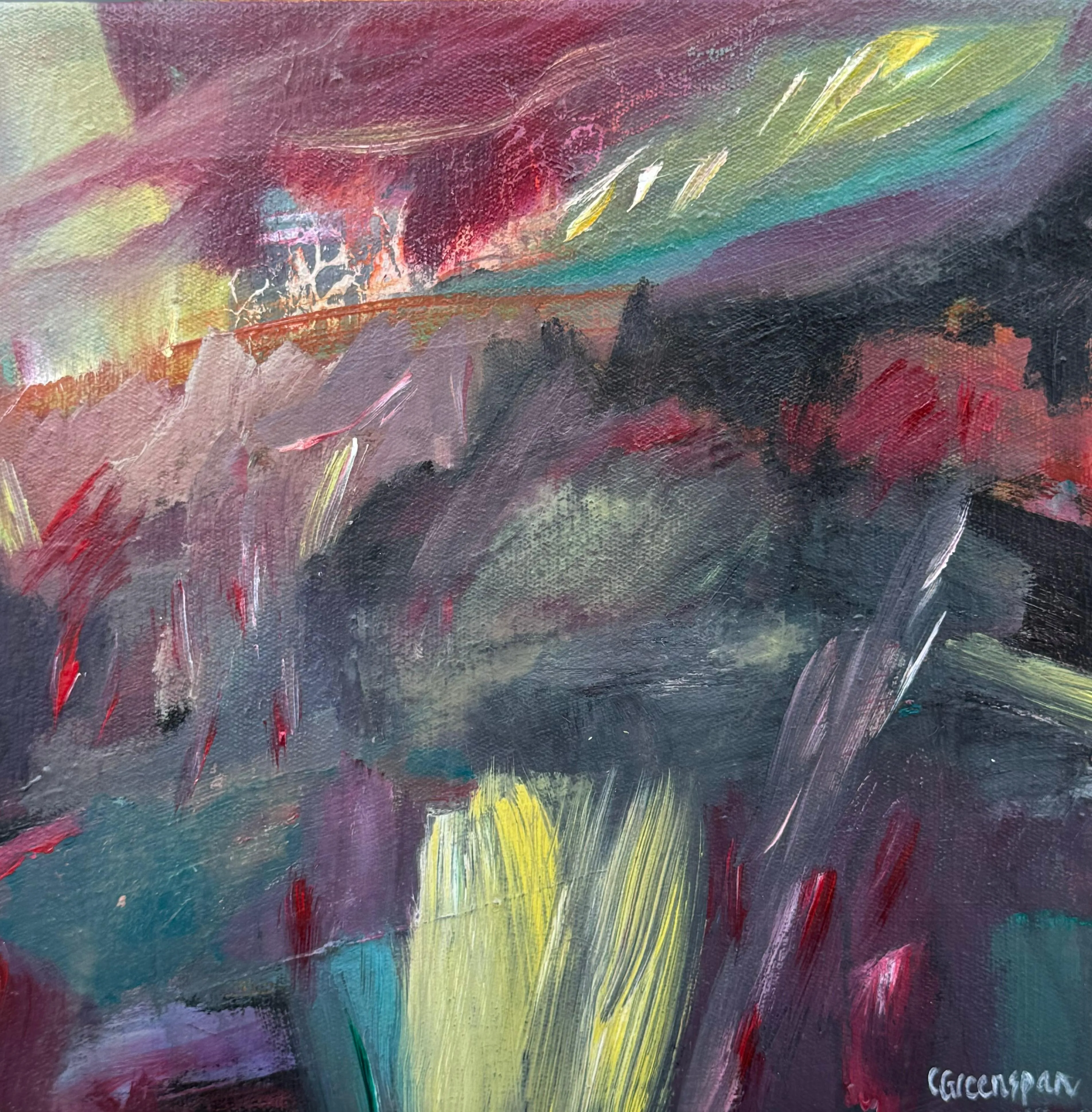 A moody dark maroon and purple field streaked with yellow and teal and small flecks of red, gestural and brooding.
