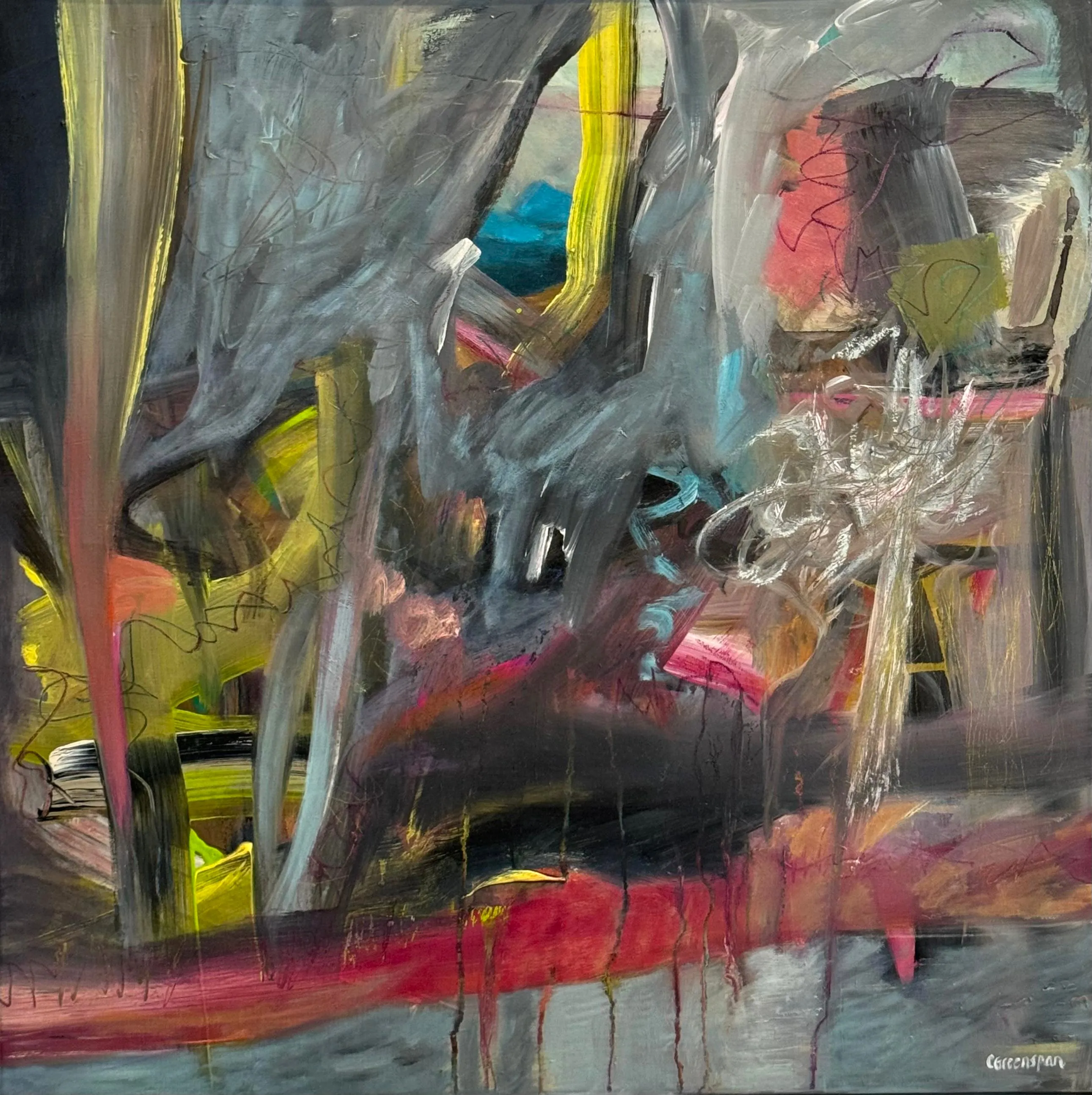 A moody grey and silver field draped with willow-like forms, threaded with yellow, pink and red and a small patch of turquoise, paint dripping down through it.