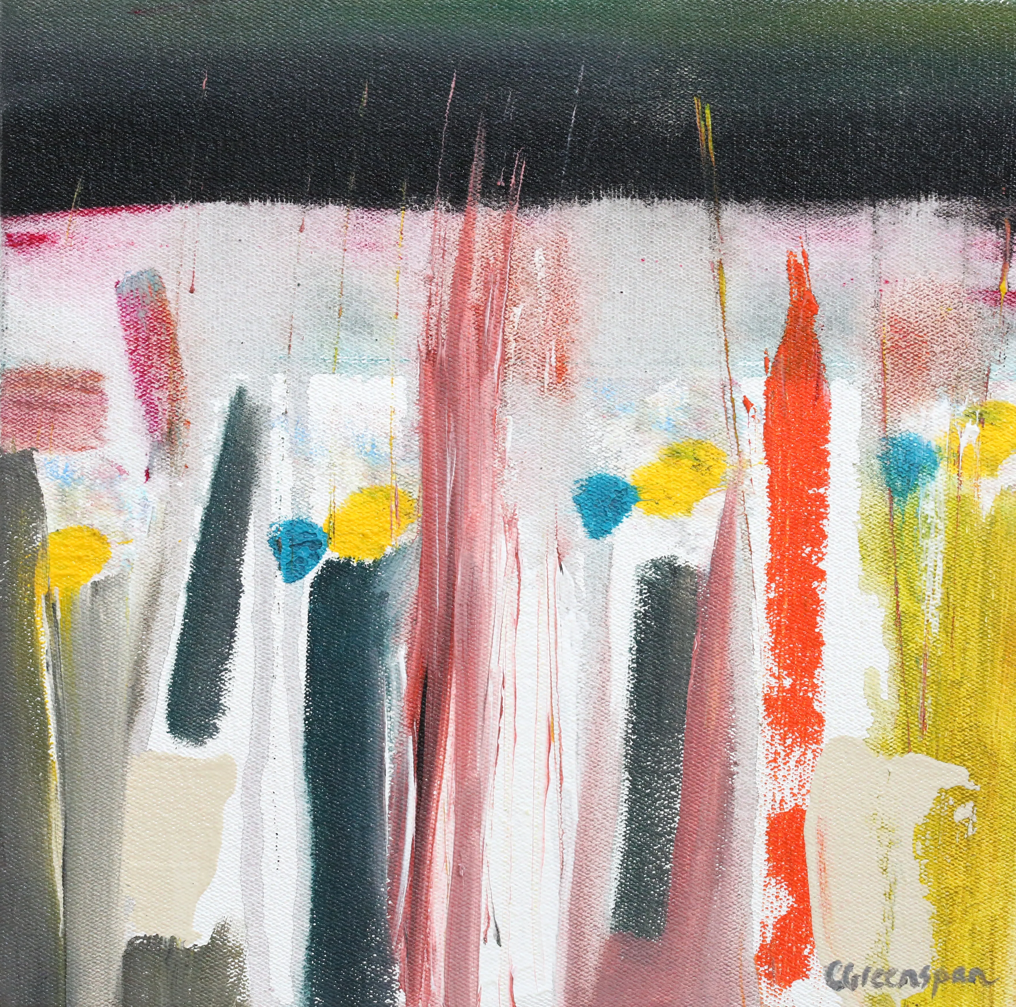 On a white ground beneath a dark band, vertical brushstrokes of pink, charcoal, orange and yellow rise like reeds, dotted with small flecks of teal.