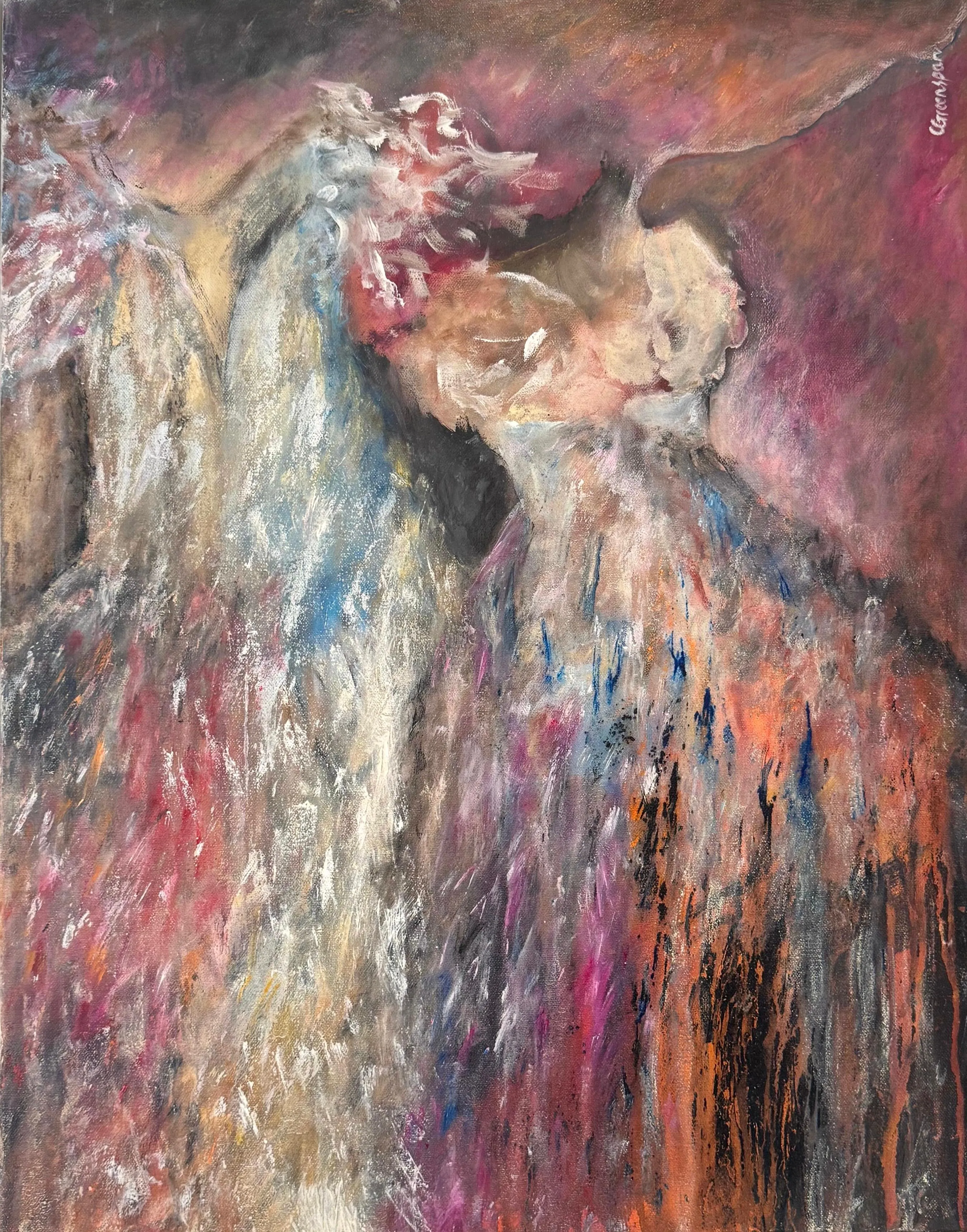A winged figure emerging from streaming, feathery brushwork in warm rose, magenta, rust and cream, threaded with drips of blue and black - tender and dreamlike, as if caught mid-flight.