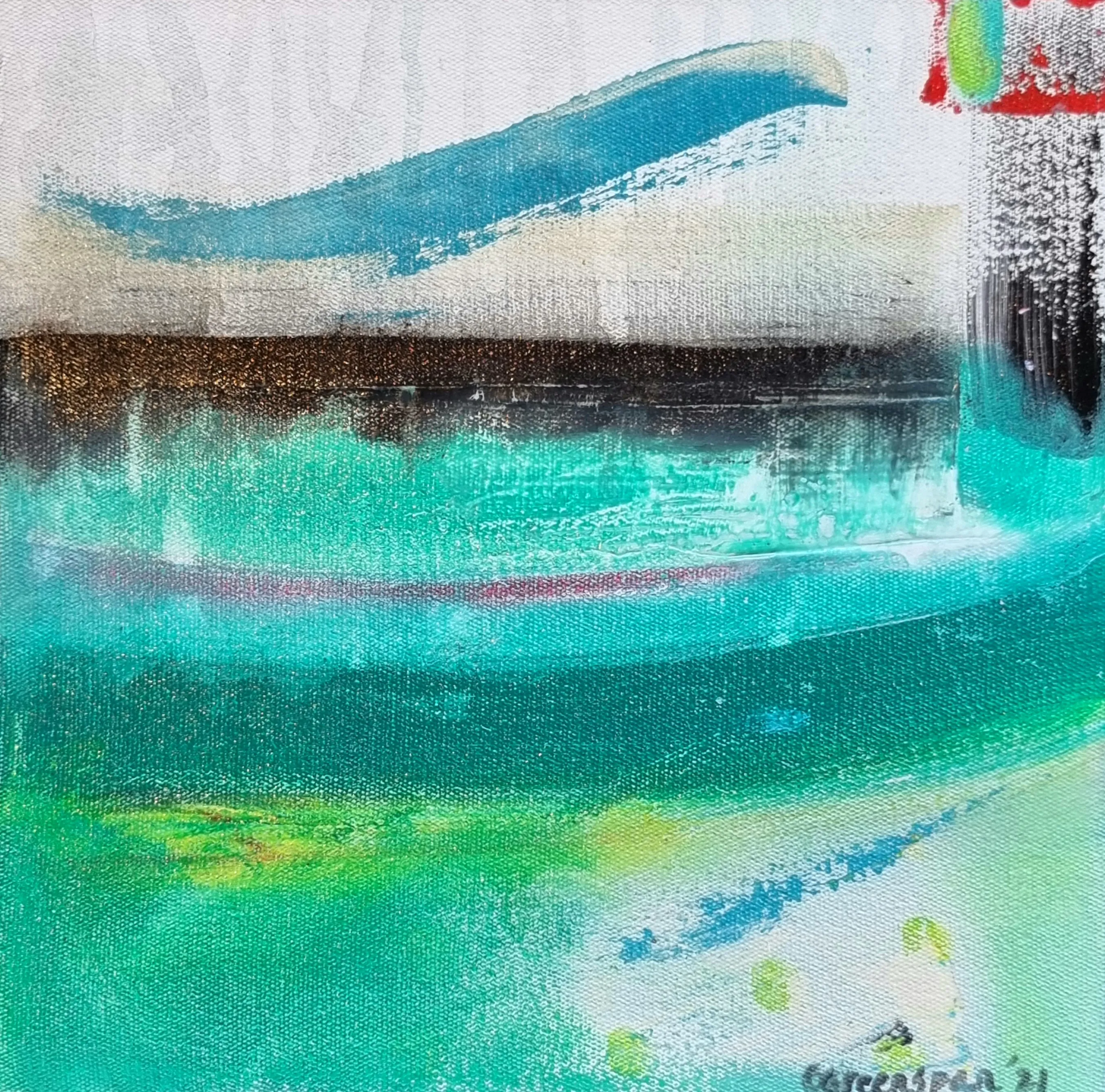 A serene turquoise-green field crossed near the top by a sweeping pale-blue and white brushstroke, with a dark gold horizontal band, a thin pink line and lime-green flecks below.